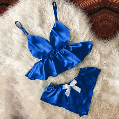 Lencería sexy para mujer, ropa de dormir, camisola, pantalones cortos con lazo, cuello en V