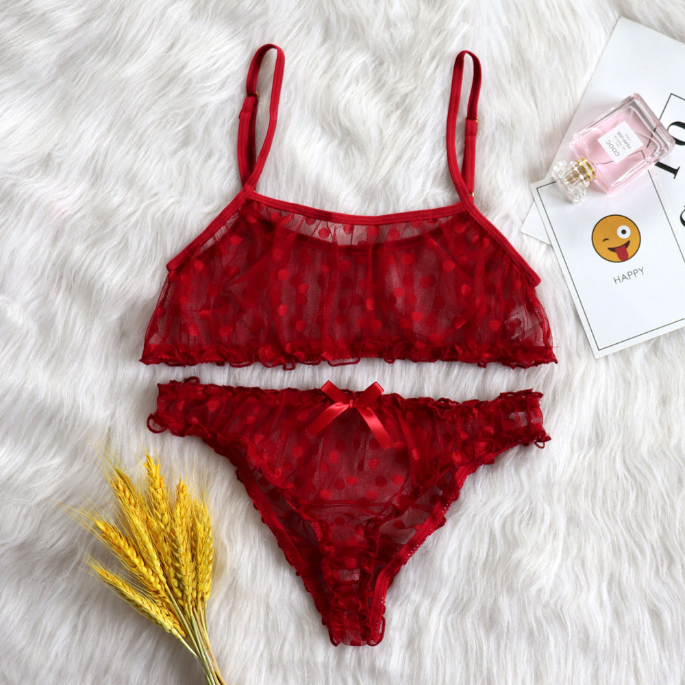 Lencería sexy con volantes transparentes de lunares y rocío