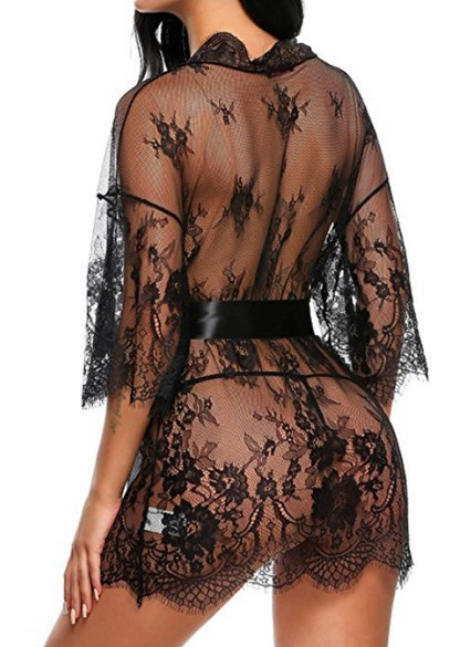 Cardigan en dentelle ajourée, pyjama à manches longues, Europe et états-unis, XL, lingerie sexy de style kimono pour femmes 