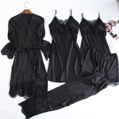 Pyjama cinq pièces pour femme, chemise de nuit sexy en dentelle avec coussinet de poitrine