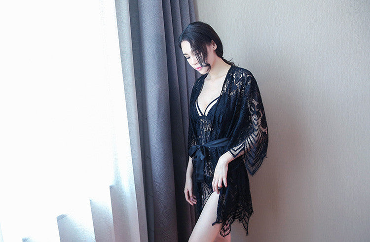 Conjunto de camisón de pijama hueco de lencería sexy con tirantes bohemio transparente de encaje sexy
