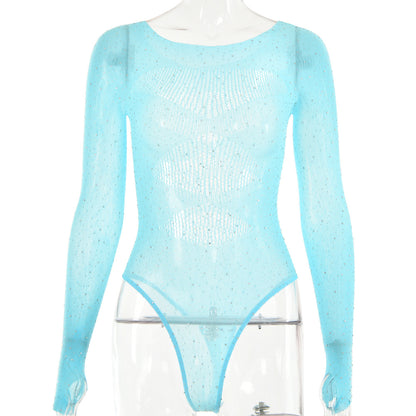 Women's High Elastic Knitted Sheer Long Sleeve Hollow Rhinestone Jumpsuit