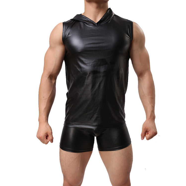 Men's Fashion Casual Faux Leather Tank Top Shorts