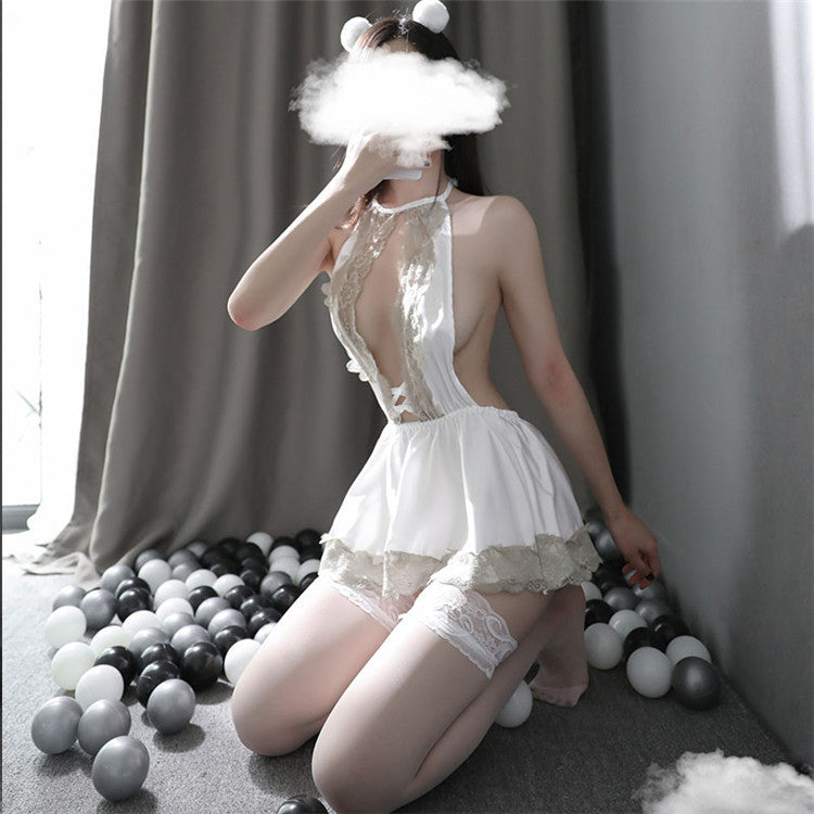 Chemise de Nuit à Lacets Lingerie Sexy Courte V Profond