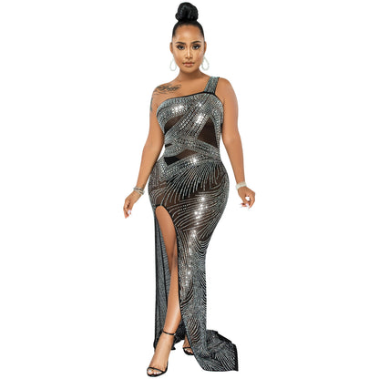 Nightclub Hot Rhinestone Single Sling Slit Long Skirt Dress