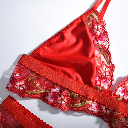 Lencería sexy roja con bordado de encaje de malla para mujer