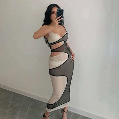 Mesh Stitching Contrast Color V-neck Hollow-out Camisole Midriff Outfit Sexy Hot Girl Temperament Jumpsuit Dress