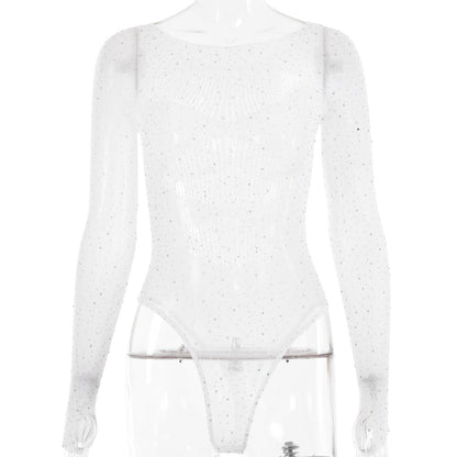 Women's High Elastic Knitted Sheer Long Sleeve Hollow Rhinestone Jumpsuit