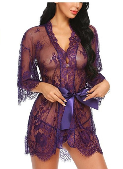Cardigan en dentelle ajourée, pyjama à manches longues, Europe et états-unis, XL, lingerie sexy de style kimono pour femmes 