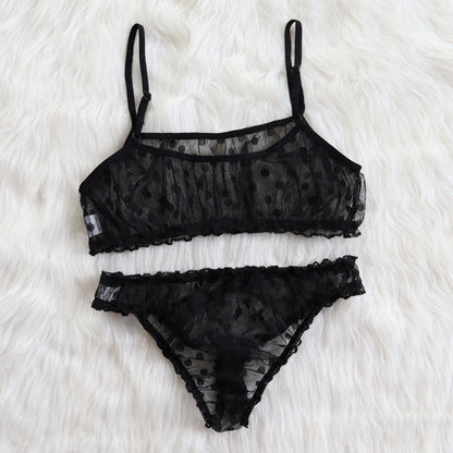 Lencería sexy con volantes transparentes de lunares y rocío