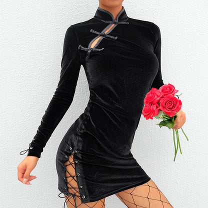 autumn and winter AliExpress WISH hot women's Chinese style velvet buckle eyelet strap sexy dress female