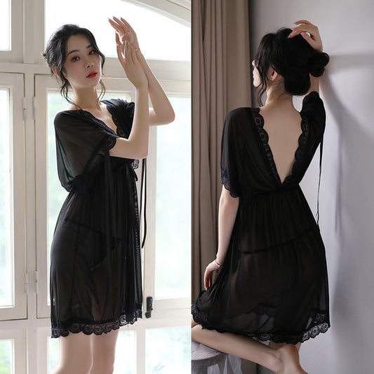Nuisette-Camisón de noche Sexy con cuello en V para mujer, ropa de noche con espalda descubierta, camisón de seda, ropa de dormir, lencería Sexy de verano