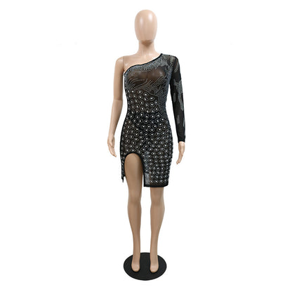 Women's One-shoulder Perspective Fashion Hot Rhinestone Split Hip Dress