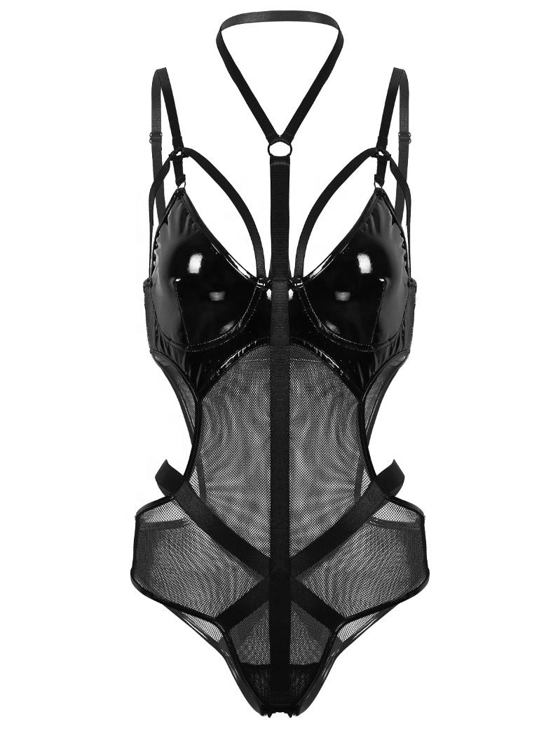 Mesh Faux Leather PU Hollow Halter One Piece Lingerie