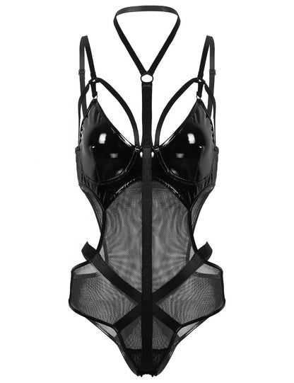 Mesh Faux Leather PU Hollow Halter One Piece Lingerie