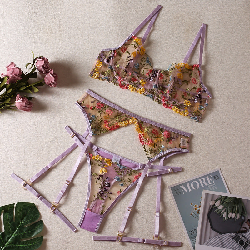 Ellolace Lingerie Sensuelle Sous-vêtements en dentelle Broderie transparente Jarretières 3 pièces