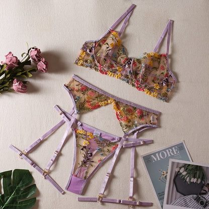 Ellolace Lingerie Sensuelle Sous-vêtements en dentelle Broderie transparente Jarretières 3 pièces