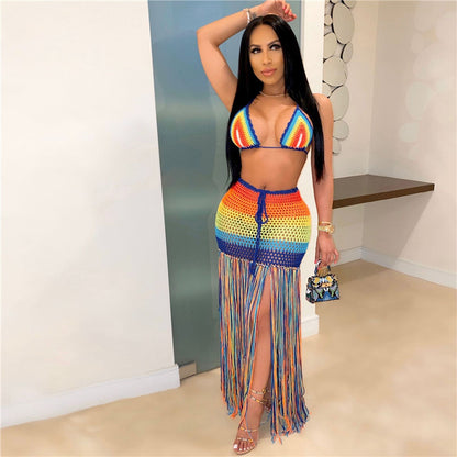 Ensemble 2 pièces sexy avec pompon au crochet arc-en-ciel