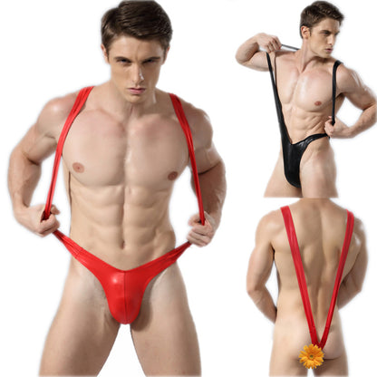 Maillot de bain une pièce en cuir à bretelles en V pour hommes