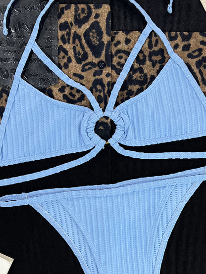 Split Swimsuit Solid Color Lace-up Halter Ring Sexy