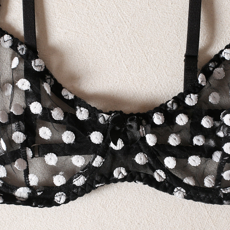 Polka Dot Lingerie Four-piece Set With Scarf Waist Bow Ultra-thin See-through Underwear