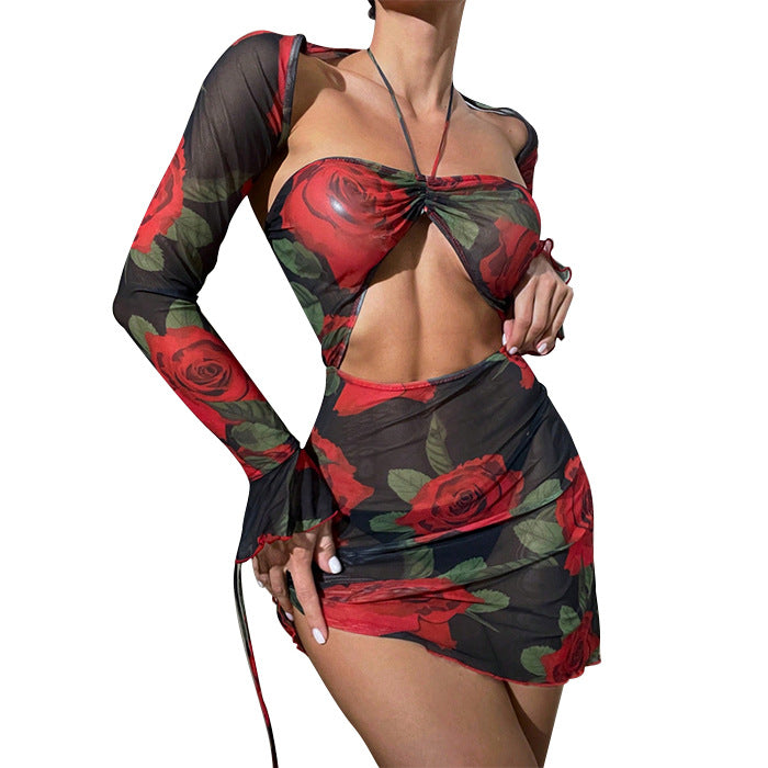 Sexy Backless Print Lace-up Swimsuit Sun Protection Blouse
