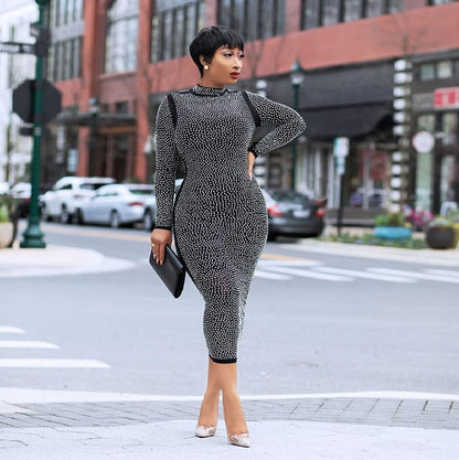 Long Sleeve Net Yarn Hot Rhinestone Dress Nightclub Dress