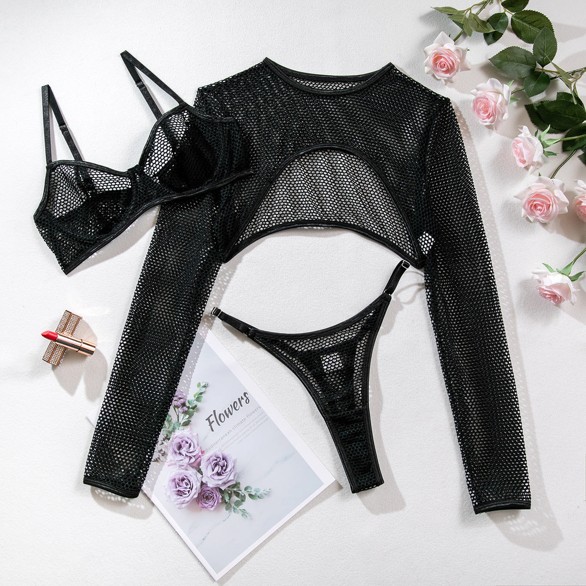 Blusa de manga larga Malla Hueca Lencería sexy Sujetador de tres piezas Chaleco corto Traje superior