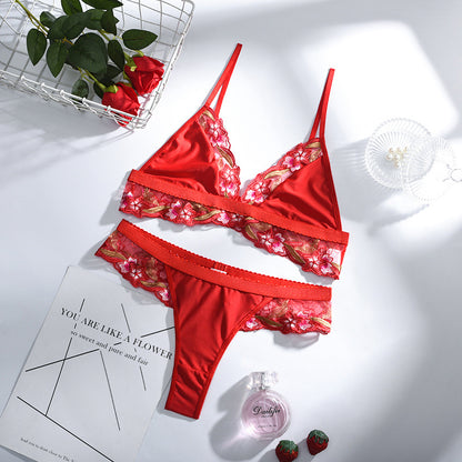 Lencería sexy roja con bordado de encaje de malla para mujer