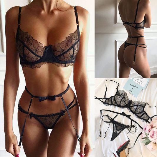 Costume trois pièces en dentelle sexy avec jarretelles, lingerie européenne et américaine