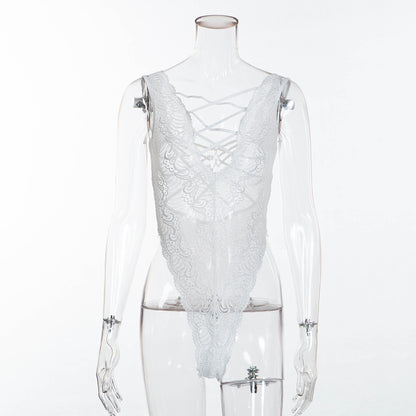 Traje de seducción de una pieza con perspectiva de encaje blanco de lencería sexy