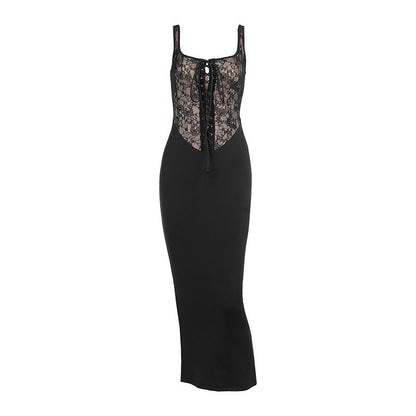 Hot Girl Temperament Slim Vest And Long Sleeve Lace Stitching Tied Dress
