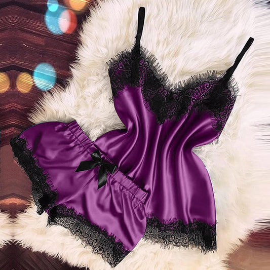 Lencería sexy para mujer, ropa de dormir, camisola, pantalones cortos con lazo, cuello en V
