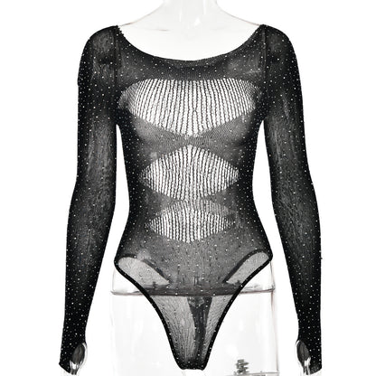 Women's High Elastic Knitted Sheer Long Sleeve Hollow Rhinestone Jumpsuit