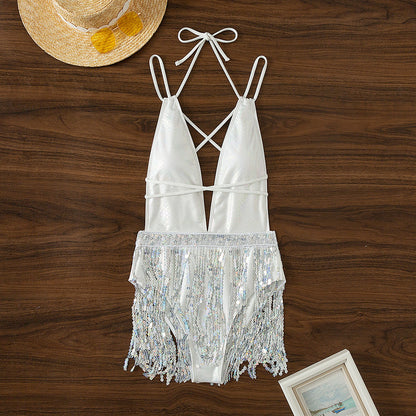 Sexy Deep V Tassel Dress One-piece Swimsuit