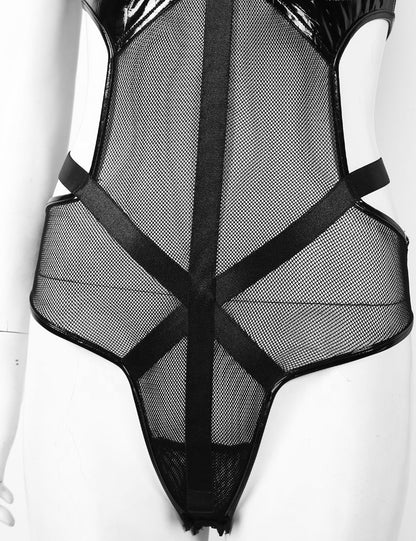 Mesh Faux Leather PU Hollow Halter One Piece Lingerie