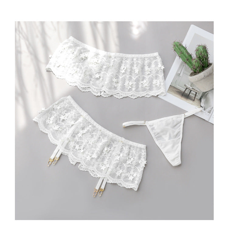 Haut tubulaire étoile magnifiquement brodé, lingerie sexy trois pièces en maille à une épaule dénudée