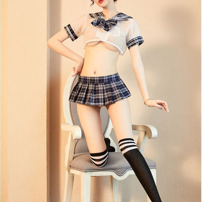 Lencería Estudiante Minifalda Jk Uniforme Plaid Temptation Traje De Marinero Transparente