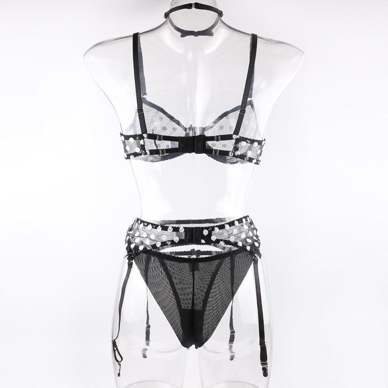 Polka Dot Lingerie Four-piece Set With Scarf Waist Bow Ultra-thin See-through Underwear