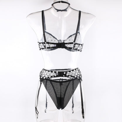 Polka Dot Lingerie Four-piece Set With Scarf Waist Bow Ultra-thin See-through Underwear