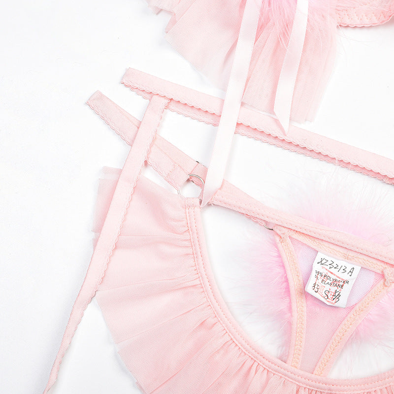 Conjunto de lencería de malla cómoda transparente con falda plisada y pompones