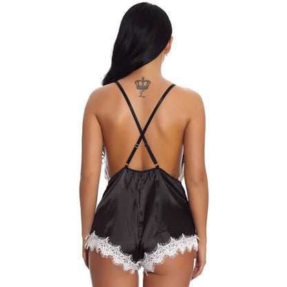 Lingerie Sexy Satin Dentelle Pyjama Sexy Dos Croisé Stretch