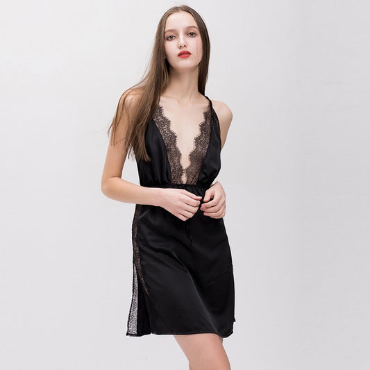 Femme grand col en v beauté dos fronde haute fente chemise de nuit Lingerie Sexy