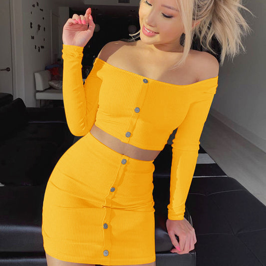 Conjunto Sexy de moda con hombros descubiertos para mujer, vestido ceñido con botones, conjuntos de 2 uds., Top y falda de manga larga para mujer, conjuntos de verano y otoño