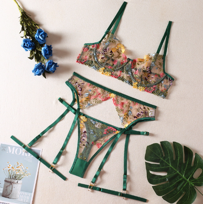 Ellolace Lingerie Sensuelle Sous-vêtements en dentelle Broderie transparente Jarretières 3 pièces