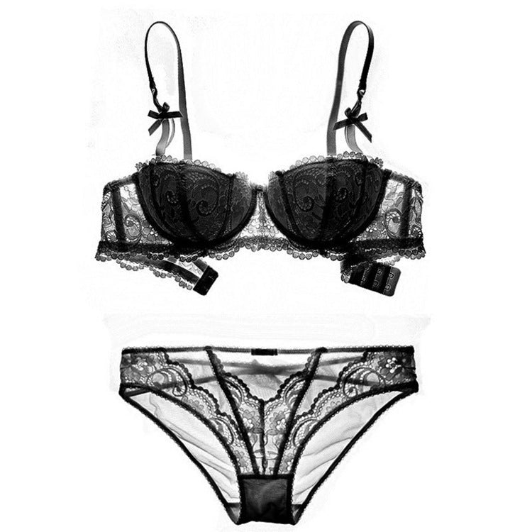 Conjunto de ropa interior roja vino con sujetador de media copa recogido en el pecho pequeño fino de encaje Sexy europeo y americano