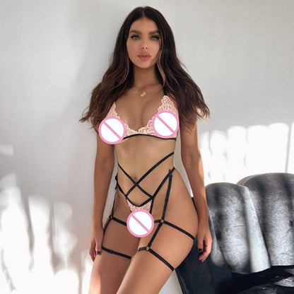 Conjunto de correas de pierna de lencería sexy hueca de encaje de lencería sexy