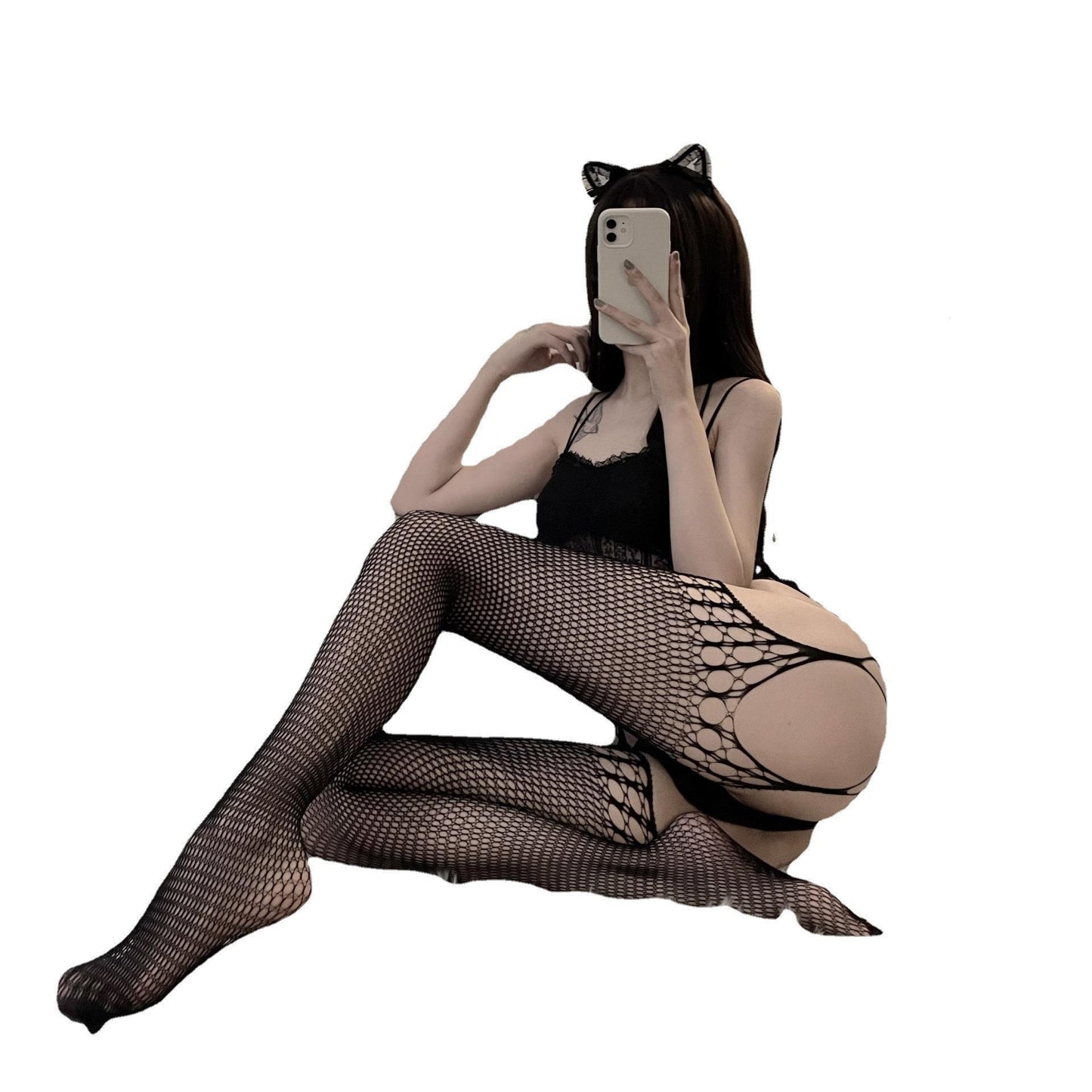 Black Silk Temptation One-piece No-show Stockings Mesh Stockings