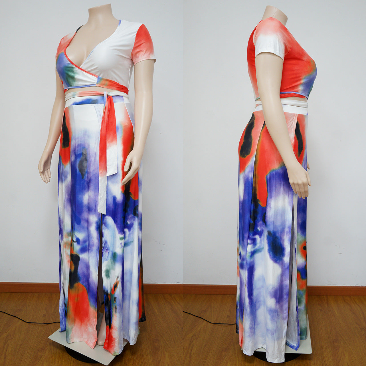 Digital Printed Sexy Loose Split Skirt Short Sleeve Two-piece Set