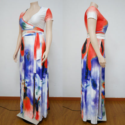 Digital Printed Sexy Loose Split Skirt Short Sleeve Two-piece Set